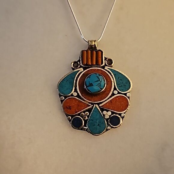 Coral/Turquoise Pendant with chain 20" - Picture 2 of 4
